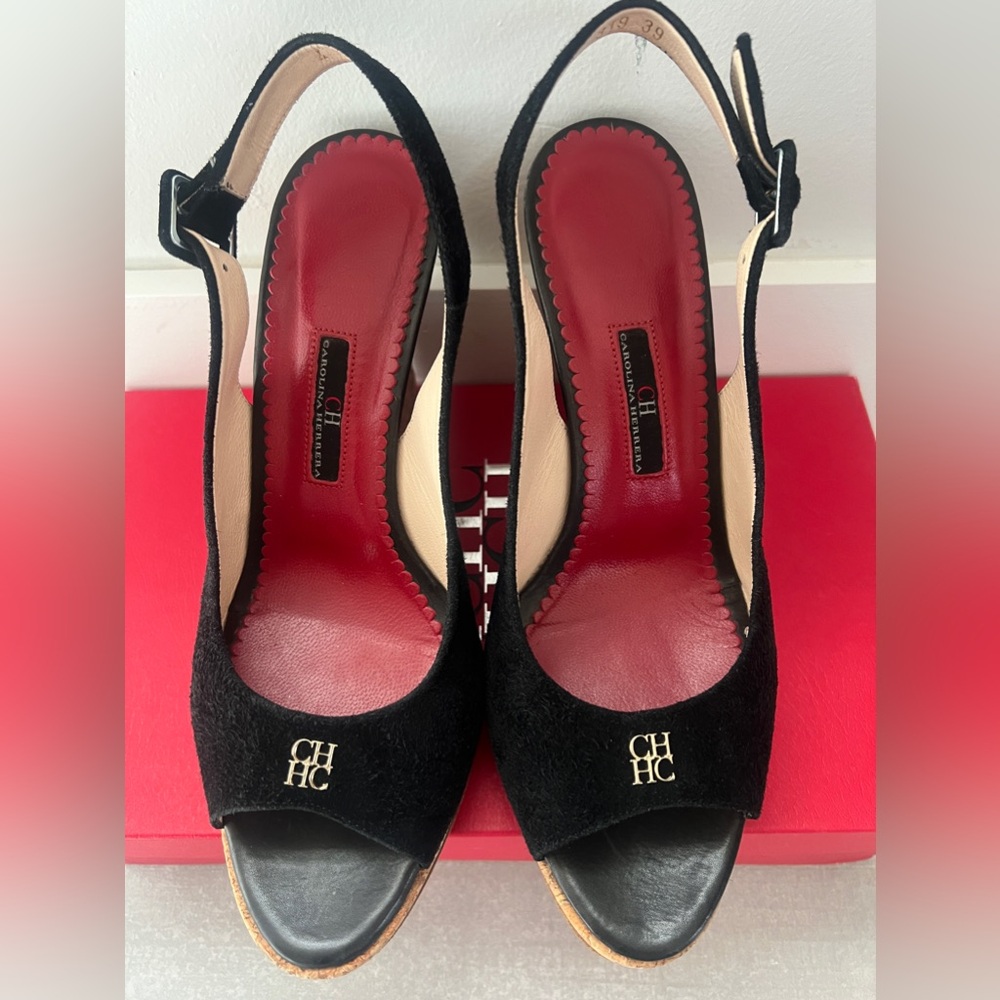AUTHENTIC. Carolina Herrera BLACK SUEDE Wedge 100mm Ankle Strap Sling-back. - Picture 8 of 14